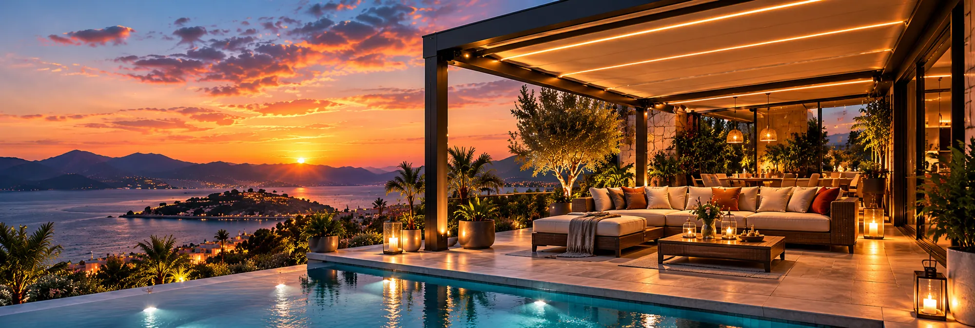 Gün batımında tente ve pergola ile gölgelendirilmiş havuz başı teras