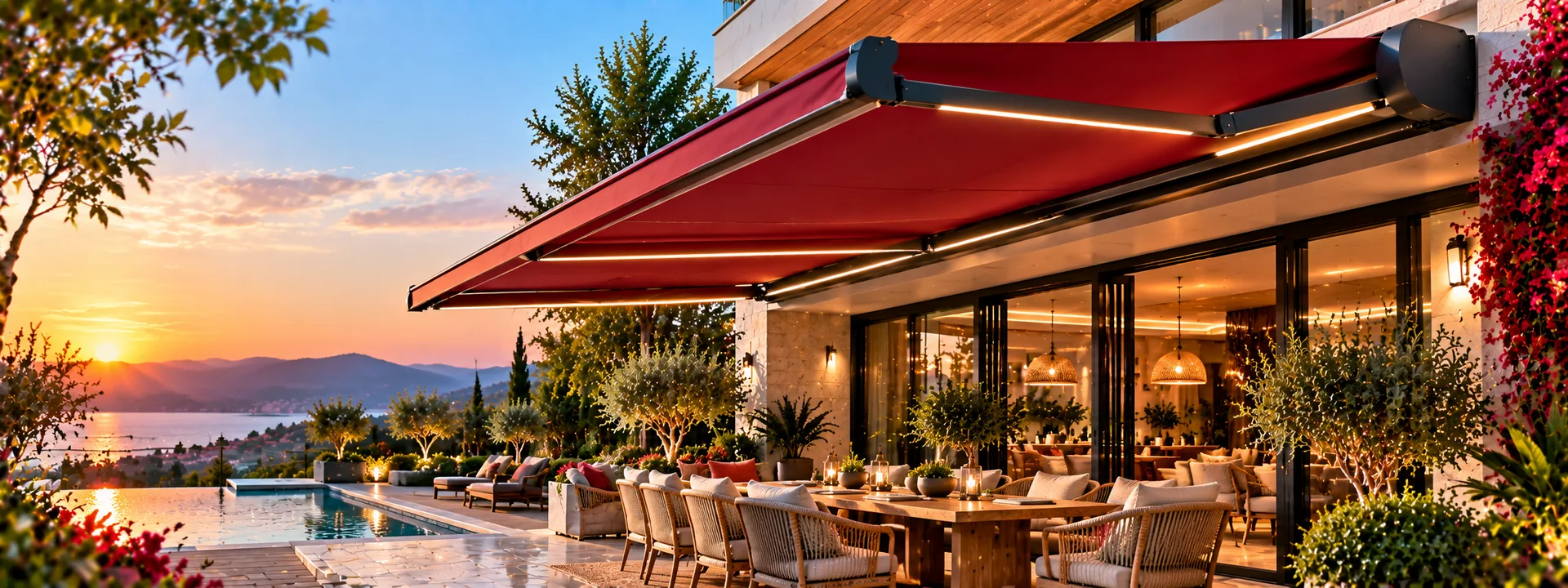 DÖRT MEVSİM KONFOR Pergola Tente ile Stil ve Fonksiyon — gün batımında tente ile gölgelendirilmiş teras